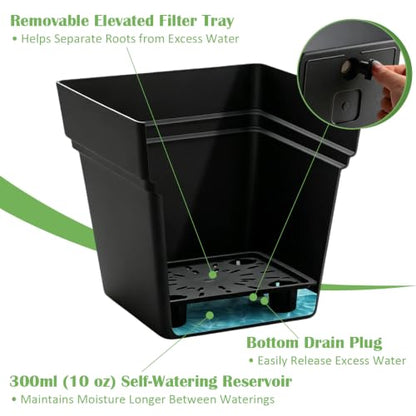 6-Pack 7 Inch Square Planters with Built-in Drainage Tray & Bottom Plug - color: Black