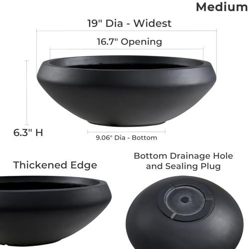 19" Dia Black Concrete Bowl Planter, Large Succulent Pot with Drain Hole - color: Black, size: Medium