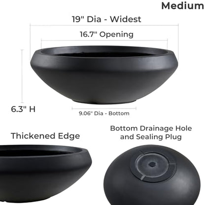 19" Dia Black Concrete Bowl Planter, Large Succulent Pot with Drain Hole - color: Black, size: Medium