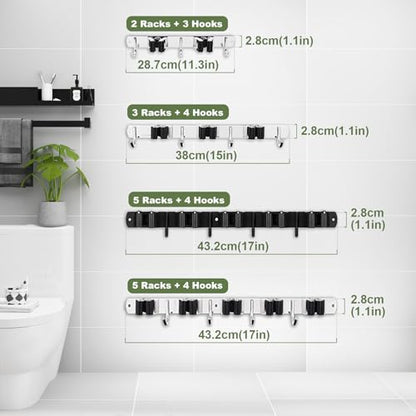 2 Pack Broom Holder Wall Mount, 3 Racks 4 Hooks Mop and Broom Organizer - color: 3 Racks & 4 Hooks (Silver) - 2 Pack