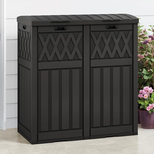 DWVO 66 Gallon Double-Bin Outdoor Trash Can, Waterproof Resin Garbage Can with Tiered Lid and Drip Tray for Patio, Kitchen, Deck, and Backyard - Black - color: Black, size: 66 Gallon