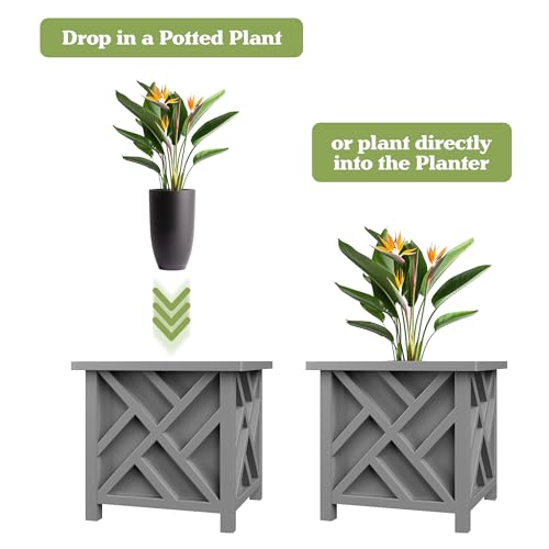 Pure Garden Lattice Design Outdoor Planter Box, Gray, 15.5” Square 16.5” - color: Gray