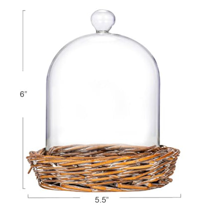 Creative Co-Op Round Glass Cloche with Woven Willow Base, Clear