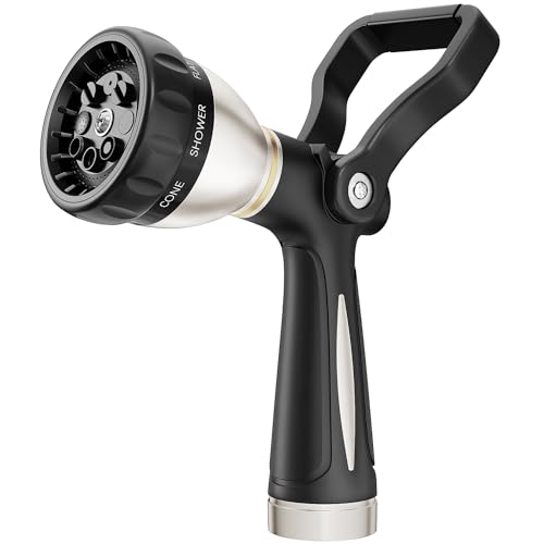 FANHAO Heavy Duty Fireman's Hose Nozzle, Metal Water Nozzle with 8 Spray Patterns, High Pressure Garden Hose Sprayer with Lever Control and Non-Slip Grip to Water Lawns & Plants, Wash Cars & Clean - color: Black