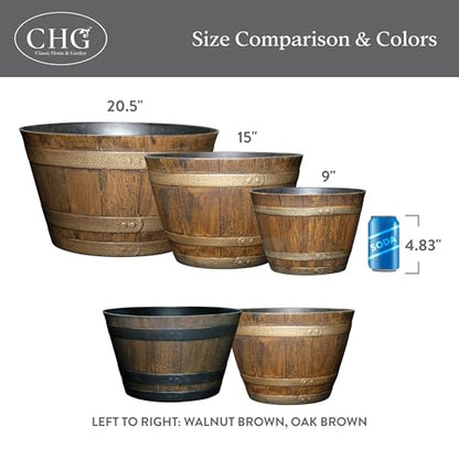 Whiskey Barrel Planters, Home Flower Garden Pots, 15" Oak Brown