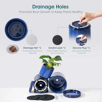 vancasso Ceramic Plant Pots, 3 Piece Planters for Indoor Plants, Blue - color: Blue