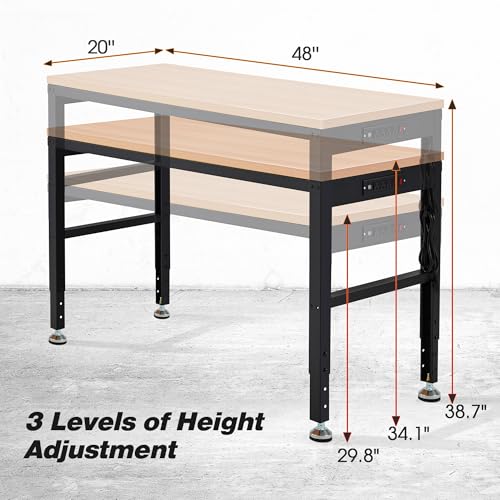 Antifir 48" Adjustable Workbench, Heavy Duty Wood Workstation - size: 48x20" With Socket