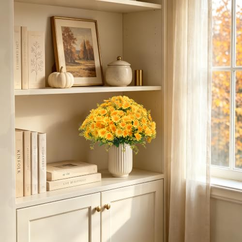 48Pcs Artificial Mums Fall Faux Flowers for Outdoor Planters, Yellow - color: Yellow-48pcs