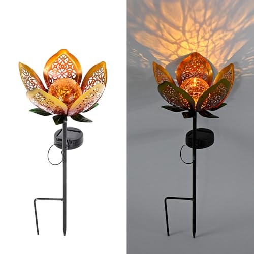 Solar Lights Outdoor Garden Decor, LED Lotus Flower Lamp - color: Golden
