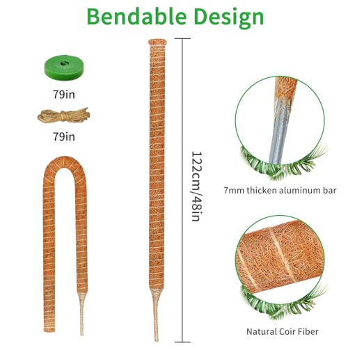 2 Pack 48'' Moss Pole for Monstera, Bendable Coco Coir Plant Support Stakes - size: 2 Pack ( 48-Inch)