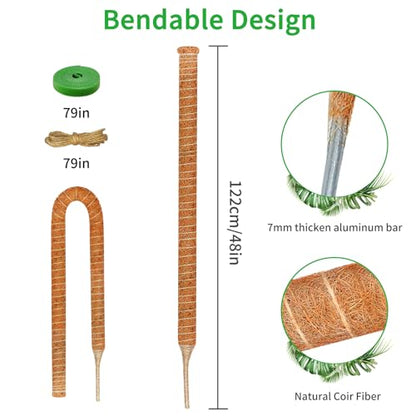 2 Pack 48'' Moss Pole for Monstera, Bendable Coco Coir Plant Support Stakes - size: 2 Pack ( 48-Inch)