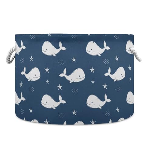 Navy Blue Whale Round Storage Basket Collapsible with Handle - color: Navy Blue