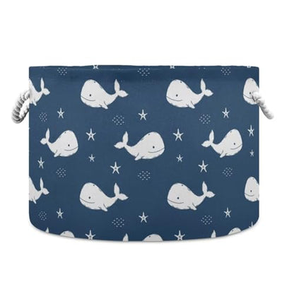 Navy Blue Whale Round Storage Basket Collapsible with Handle - color: Navy Blue