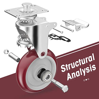 5" Heavy Duty Plate Casters with Brake, Set of 20 - color: Red, size: 5 inch
