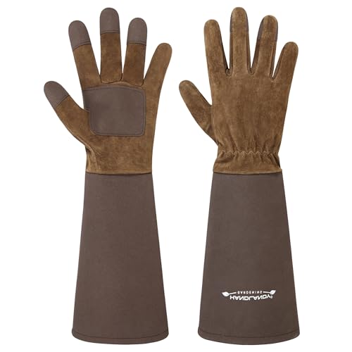 HANDLANDY HLDD Long Gardening Gloves for Women Men - Leather Rose Pruning Gloves Thorn Proof - Breathable Working Glove - color: Brown, size: Large