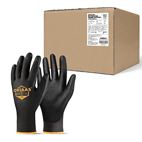 OKIAAS PU Coated Work Gloves Men, Ultra Grip & Lightweight, 60 Pairs Bulk - color: Black (60 Pairs), size: Small