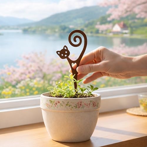 Metal Garden Decor Cat Plant Stake for Flower Pots, Powder-Coated Steel