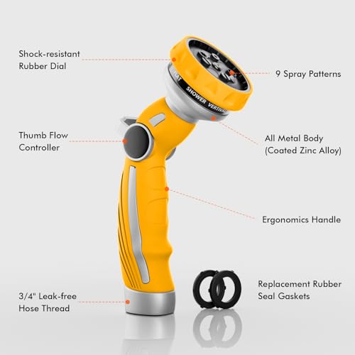 RESTMO Hose Nozzle Heavy Duty, Metal Water Hose Sprayer for Garden - color: Yellow, size: 9 Watering Patterns