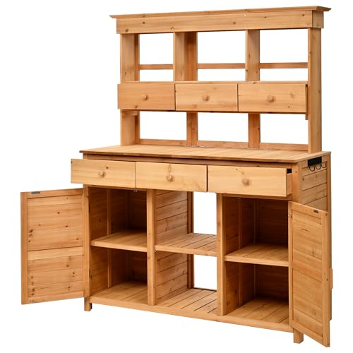 Merax 65.7" Tall Garden Potting Bench with Hutch, 3 Shelves, 6 Drawers, 2 Cabinets & Hooks - color: Natural