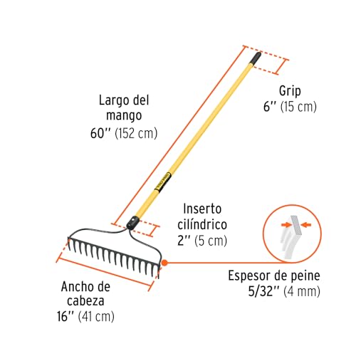 Truper Garden Rake, Fiberglass Handle, 16 Tines, 16 inch Head, 60 inch Length