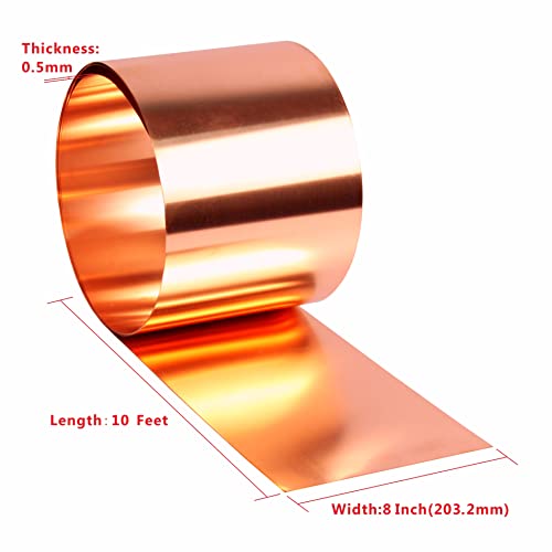 Copper Flashing 99.95% Pure - 16 Oz 24 Gauge 0.5mm Thickness - 10 Feet Length Copper Roll in Various Widths – Contractors & DIY Projects (24 Ga, 8" Width x 10 FT) - size: 24 Ga, 8" Width x 10 FT