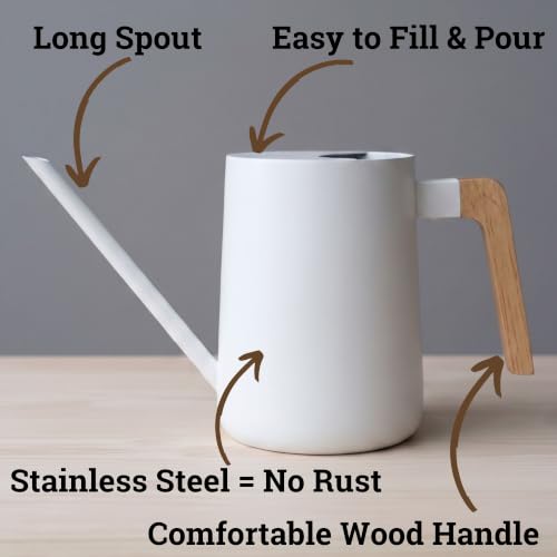 Metal Small Indoor Watering Can with Long Spout & Real Wood Handle, 35oz - color: White
