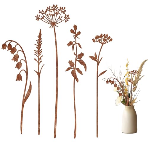 Outdoor Decor Metal Flower Garden Stakes, 5-Piece Yard Art Set for Lawn Patio Walkway Flower Bed, Rustic Farmhouse Dandelion & Fern Metal Garden Decorations for Outside