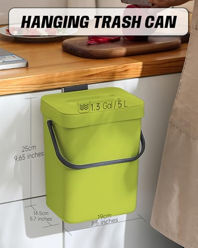 1.3 Gal Hanging Small Trash Can with Lid, Countertop Compost Bin, 5L, Green - color: GREEN, size: 5 L / 1.3 Gal - Lid
