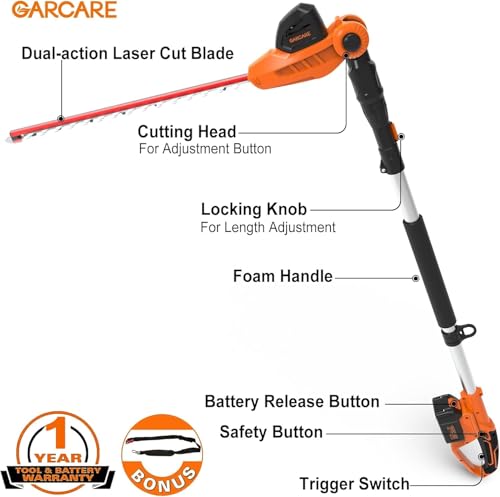 GARCARE 20V Cordless Pole Hedge Trimmer with 18" Dual Action Blades