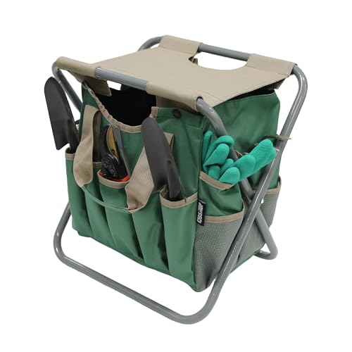 MDSTOP Folding Gardening Stool with Detachable Storage Tote Bag, Gardening Tools Set Organizer for Fishing Outdoor Sports Hiking Camping Garden, Gardening Gifts for Mom/Dad and Gardeners - color: Khaki+green