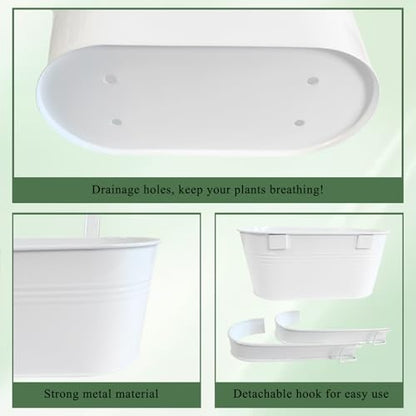 6 Pack 12" Metal Balcony Fence Railing Planters for Outdoor, Oval White - color: Oval-white
