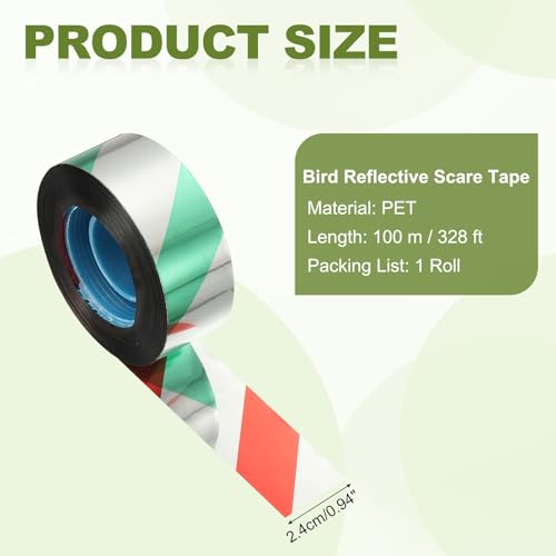 MECCANIXITY 328ft Long 1" Wide Green/Silver Dual Side Reflective Holographic Flash Bird Scare Tape Ribbon to Keep Birds Away, Hang Tie on Garden Farm Orchards Balcony Patio Yard Fence - color: Green Silver, size: 328ft x 0.94in