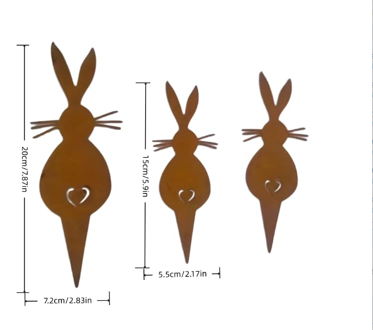 3-Pack Rustic Metal Rabbit Garden Stakes, Weathered Rust Finish with Heart Cutout, Suitable for Easter Accents
