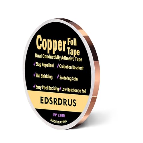 EDSRDRUS Copper Foil Tape with Conductive Adhesive, Double-Sided Pure Copper for EMI Shielding, Stained Glass, Soldering, Slug Barrier, Electrical Repairs (1/4inch x 66ft)