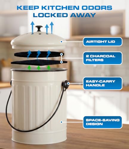 Plexon Kitchen Compost Bin Indoor with Lid, Off-White 1.5 Gall - color: Off-white