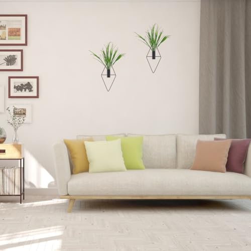 6Pcs Iron Diamond Wall-Mounted Vase Black Wall Decor Hanging Planter with Artificial Grass Greenery Indoor Plants Holder Wall Decoration for Bathroom Bedroom Living Room Decor