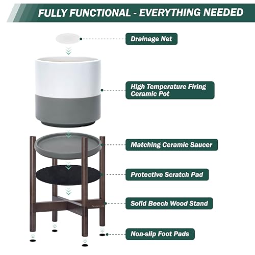 D'vine Dev Ceramic Pot with Walnut Wood Stand, White/Grey, 10 in, 55-B-X-6 - color: White/Grey Pot + Walnut Color Stand, size: 10 Inch