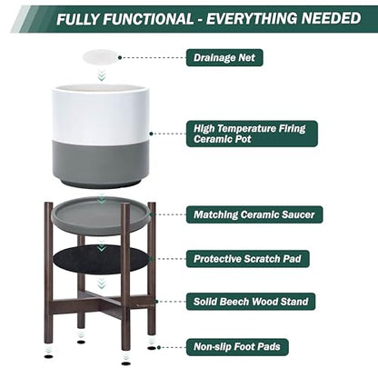 D'vine Dev Ceramic Pot with Walnut Wood Stand, White/Grey, 10 in, 55-B-X-6 - color: White/Grey Pot + Walnut Color Stand, size: 10 Inch