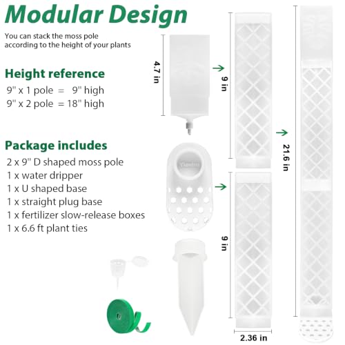 2 Pcs 9 Inch D Shaped Moss Pole with Watering Dripper, Plastic Moss Poles for Climbing Plants, Sturdy Monstera Plant Support, Self Watering Moss Pole Kit for Plants Indoor (1Pack 2Pcs-Translucent) - size: 1Pack 2Pcs-Translucent