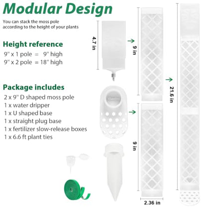 2 Pcs 9 Inch D Shaped Moss Pole with Watering Dripper, Plastic Moss Poles for Climbing Plants, Sturdy Monstera Plant Support, Self Watering Moss Pole Kit for Plants Indoor (1Pack 2Pcs-Translucent) - size: 1Pack 2Pcs-Translucent