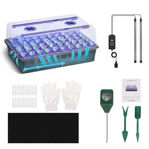 Indoor Seed Starting Kit with 60-Cell Self-Watering Tray, LED Grow Light, Timer, Humidity Dome, pH Meter for Plant Germination, Vegetables, Herbs, Flowers