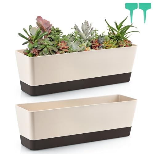 Skelang 2 Pcs Rectangular Plant Pot, 16.7" Flower Planter Box with Drainage Hole, Windowsill Container with Tray for Succulents, Herbs, Cacti - color: Coffee