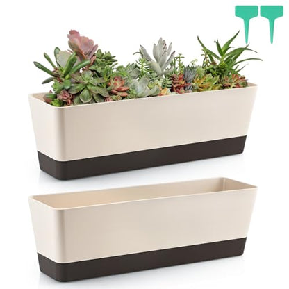 Skelang 2 Pcs Rectangular Plant Pot, 16.7" Flower Planter Box with Drainage Hole, Windowsill Container with Tray for Succulents, Herbs, Cacti - color: Coffee