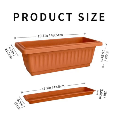 19 Inch Rectangular Plastic Planters, Terracotta, Set of 2 Window Boxes - color: Terracotta