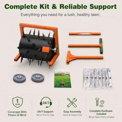 Heavy-Duty Push Lawn Aerator Roller with Steel Spikes for Compacted Soil - color: Orange