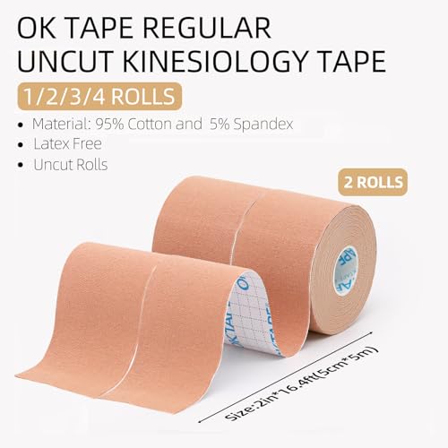 OK TAPE Kinesiology Tape (2 Pack) Latex Free Cotton Uncut 2in x 16.4ft - color: Beige, size: 2 Rolls