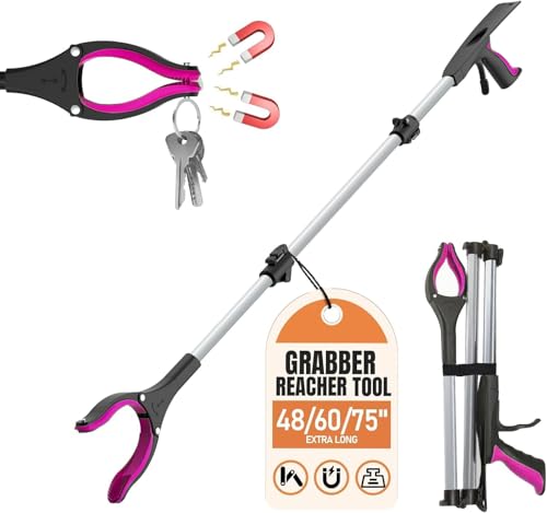 60" Extra Long Grabber Reacher Tool, Aluminum Foldable Reacher Grabber, Dual Magnetic Tip, 2 in 1 Pickup Grabber w/Shoe Horn, Strong Upper Picker for Elderly, Surgery Recovery, Medical, Trash - color: 60"pink