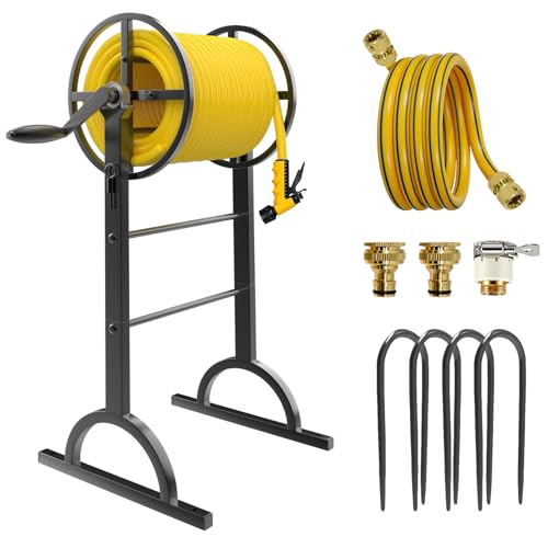 Garden Hose Reel with Handle – Heavy Duty Metal Freestanding Water Hose Holder, Upgraded Retractable Hose Winder for Up 150FT 5/8" Hose, Perfect for Lawn, Yard & Outdoor Use