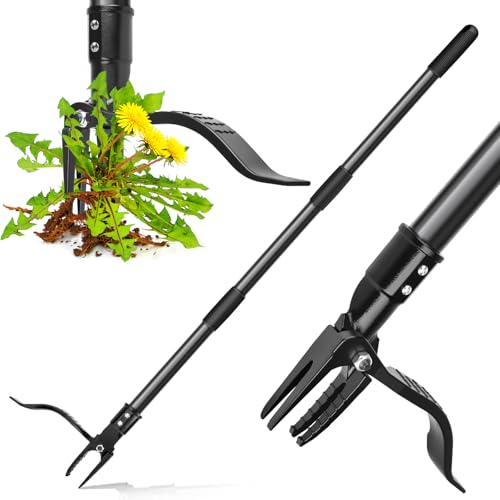 4-Claw Steel Weed Puller Tool, Heavy Duty Stand Up Weeder with Long Handle 46” for Easily Remove Weeds Without Bending, Pulling or Kneeling(Black)