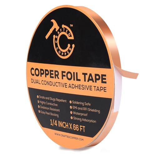 1/4INCH*66FT Conductive Pure Copper Tape Double Sided Adhesive Copper Foil Tape for Stained Glass, Guitars, EMI Shielding, Electric Connections, Repairs, Grounding, Crafts - size: 1/4INCH*66FT